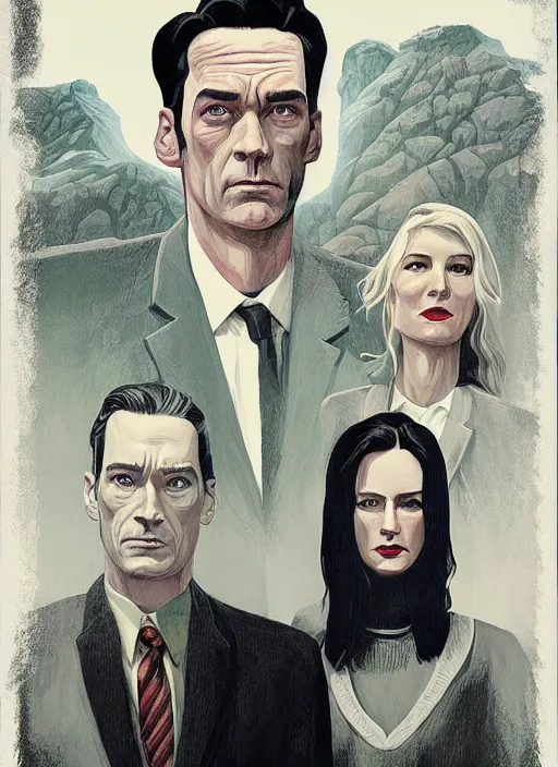 Image similar to Twin Peaks poster artwork by Michael Whelan and Tomer Hanuka, Karol Bak of Naomi Watts & Jon Hamm husband & wife portrait, in the pose of American Gothic, from scene from Twin Peaks, clean, simple illustration, nostalgic, domestic, full of details