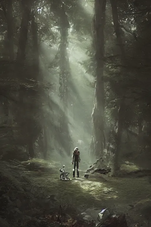 Image similar to A small character standing before a robot in the forest by Greg Rutkowski, Sung Choi, Mitchell Mohrhauser, Maciej Kuciara, Johnson Ting, Maxim Verehin, Peter Konig, final fantasy , 8k photorealistic, cinematic lighting, HD, high details, atmospheric,