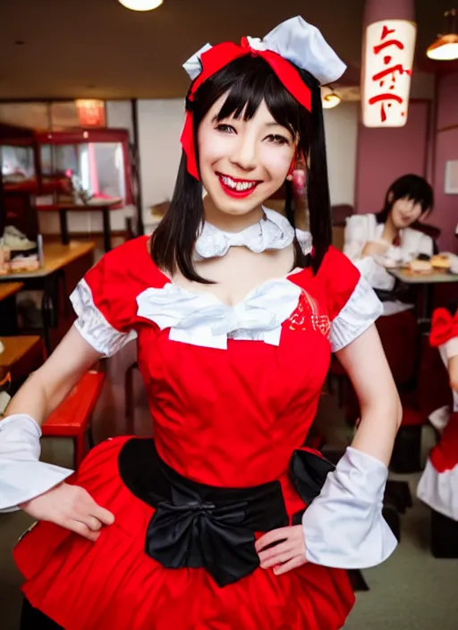 Image similar to a japanese idol dressed in red maid costume in a maid cafe, cute pose, 8 k, photography,