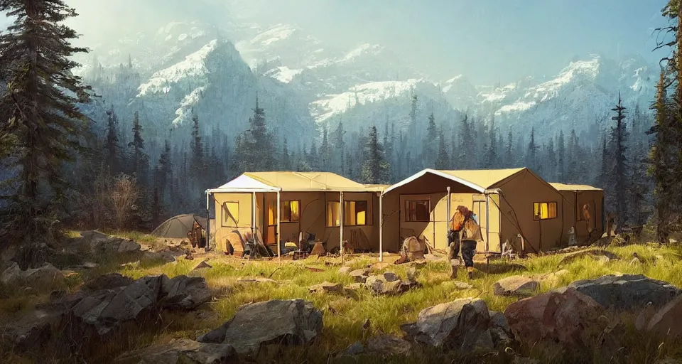 Image similar to cabela's beautiful comfortable community of modular insulated wall container home kit - house all weather military grade family dwelling tent house, person in foreground, mountainous forested wilderness open fields, beautiful views, painterly concept art, environmental concept art, concept art illustration, by james gurney, by craig mullins, by greg rutkowski trending on artstation