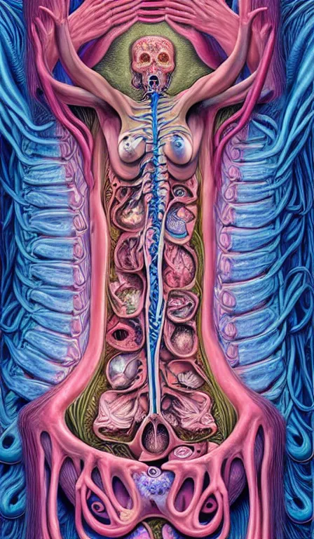 Image similar to a biomorphic painting of the high priestess tarot card, a anatomical medical illustration by nychos and alex grey, cgsociety, neo - figurative, pastel blues and pinks, detailed painting, rococo, oil on canvas, lovecraftian