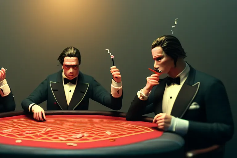 Prompt: hyperrealism simulation highly detailed human turtles'wearing detailed tuxedos and smoking, playing poker in hyperreilsm scene from cyberpunk movie from future by wes anderson and denis villeneuve and mike winkelmann rendered in blender and octane render