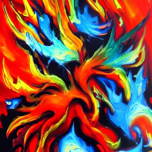 Image similar to the flames are coming for you and nothing can stop them, thick paint, thick brush, oil painting, colorful, detailed, sharp