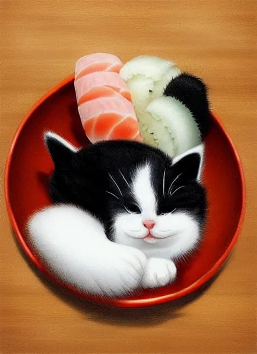 Image similar to clear photorealistic picture of adorable cats made out of sushi