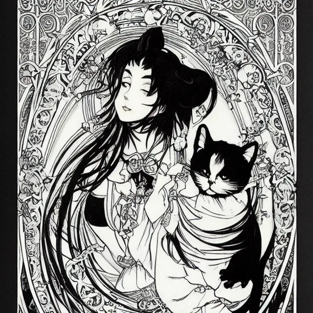 Image similar to gothic lolita and her cat companion. chiaroscuro manga artbook illustration by clamp and alphonse mucha.