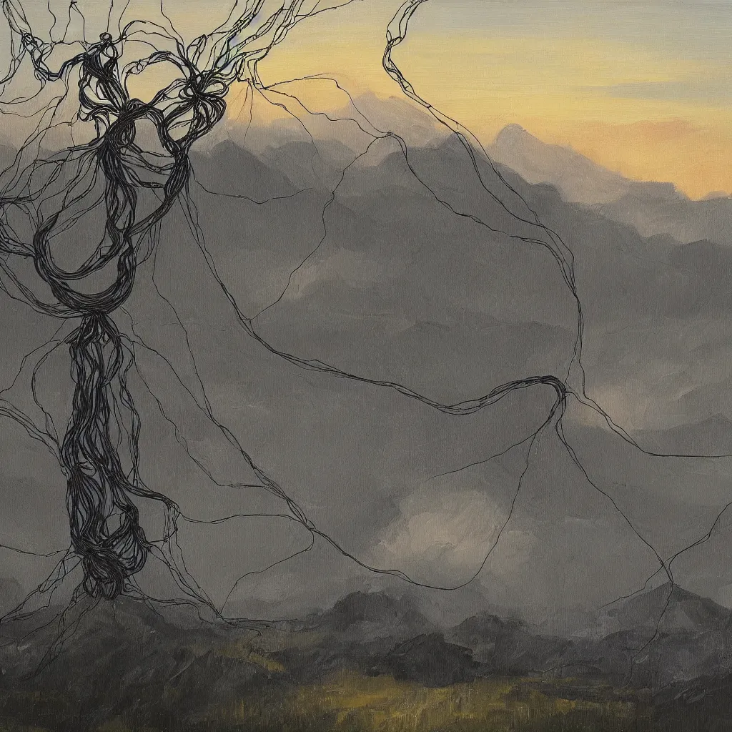 Prompt: A masterclass painting of a gloomy twilight forest mountain landscape. A giant tangled robotic wire structure looking like GLaDOS is hanging from the sky in the middle of the landscape.