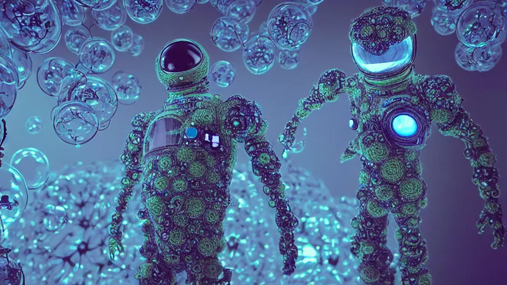 Image similar to a cybernetic symbiosis of a single astronaut mech-organic eva suit made of pearlescent wearing knitted shiny ceramic multi colored yarn thread infected with diamond 3d fractal lace iridescent bubble 3d skin dotted covered with orb stalks of insectoid compound eye camera lenses floats through the living room, film still from the movie directed by Denis Villeneuve with art direction by Salvador Dalí, wide lens,kevlar,carbon fiber,ceramics,gaseous materials,