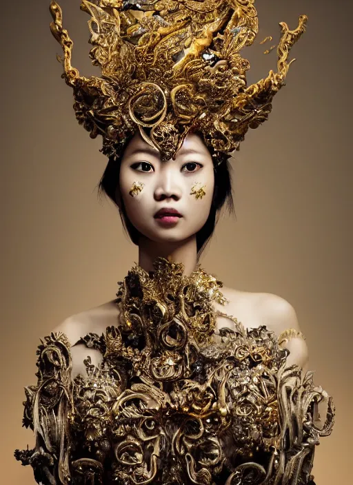 Image similar to a portrait of asian female by stefan geselle and nekro borja, photorealistic, intricate details, hyper realistic, fantasy, elegant, baroque gold headpiece, photorealistic, canon r 3, photography, wide shot, symmetrical features, symmetrical pose, wide angle shot, head to toe, standing pose, feet on the ground, wearable art