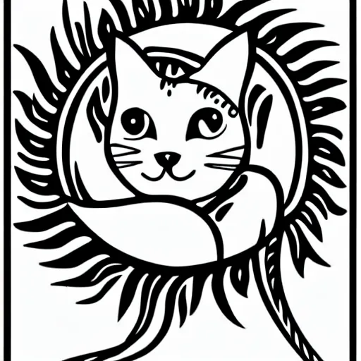 Image similar to tattoo sketch of a cat hugging the sun, on a canva, blackwork, ornamental, line art, vector,