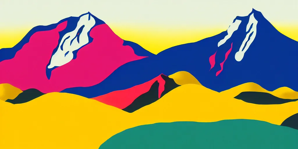 Prompt: pop art illustration of a mountainscape at day