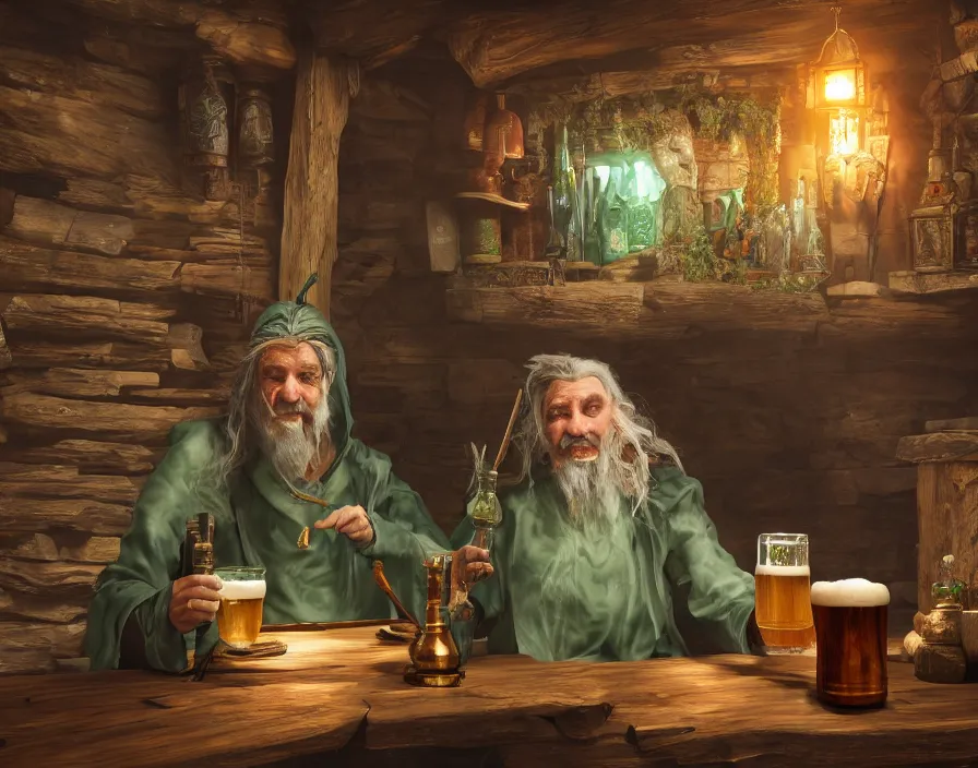 Prompt: old sage wizard drink beer from wooden cup in fantasy tavern, beautiful texture, beautiful graphics, fantasy artwork, very beautiful scenery, hd, hdr, ue 5, ue 6, unreal engine 5, cinematic 4 k wallpaper, 8 k, ultra detailed