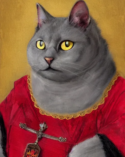 Prompt: fat gray cat with yellow eyes dressed like henry viii, tudor period clothing in scarlet gold and black, royal robes, greg rutkowski, royal portrait, painting