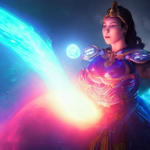 Image similar to a powerful goddess woman floating with a glowing orb of blue power in her hand, trending on artstation, colourful, powerful, dark, mysterious, maximalist, full body shot, japanese, unreal engine 5, evil, warrior, nebula background, wearing a farce robe, army behind her and war - s 1 5 0