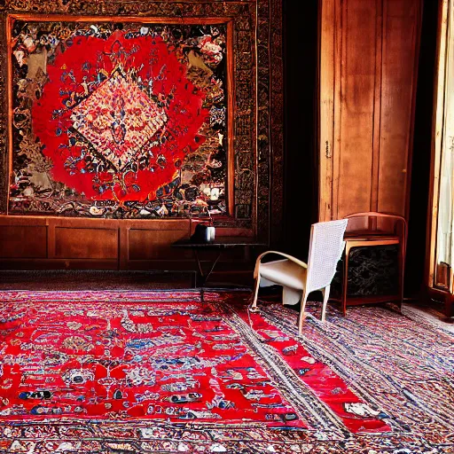 Prompt: a room with a chair, a table, few speakers and a persian carpet on the floor, unsplash, postminimalism, aesthetic