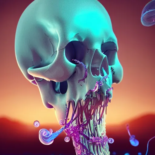 Image similar to a human Skull mutating into flowers, tentacles, unnatural shapes, jellyfish tentacles reaching out, coherent human Skull, insect, chaotic octane render, 3d digital art by beeple, unreal engine 5, award winning,