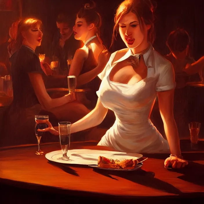 Prompt: waitress singing on a table in a nightclub, elegant, real life skin, intricate artwork, high detailed, artstation, concept art, smooth, sharp focus, art by artgerm and greg rutkowski