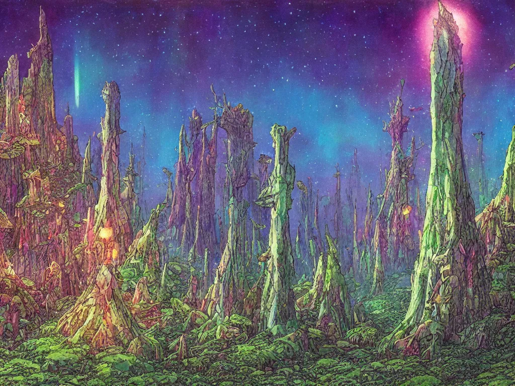 Image similar to an epic concept art, intricate coral, fungal gems, iridescent crystal monoliths, obelisks and an aurora borealis, mossy stumps, cell shading, by moebius, hiroshi yoshida, druillet, colorful, vivid colors