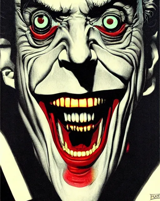 Image similar to christopher lloyd as the joker, big smile, grotesque, horror, high details, intricate details, by vincent di fate, artgerm julie bell beeple, 1 9 8 0 s, inking, vintage 8 0 s print, screen print