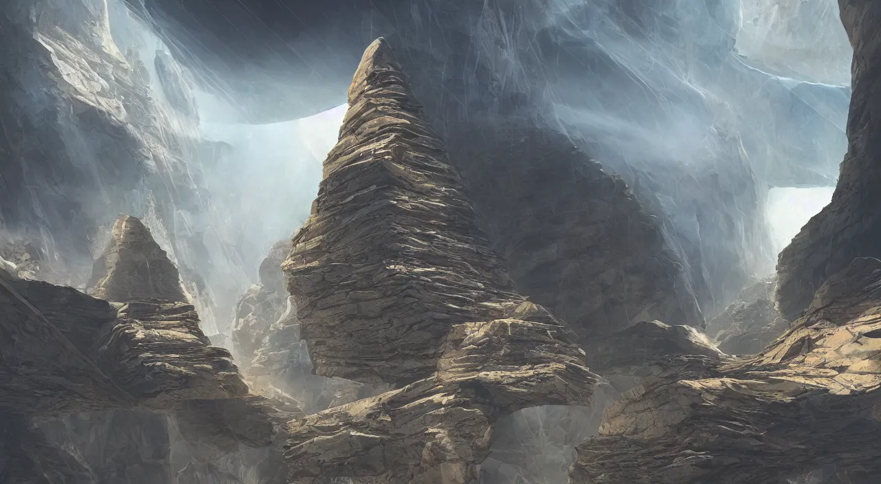 Image similar to ancient geological megastructural pyramid in canyon, tectonic parametrics by syd mead, photorealistic, zaha hadid, god rays, volumetric lighting, detailed, extremely intricate, raytrace, octane, light fog, neon, bladerunner