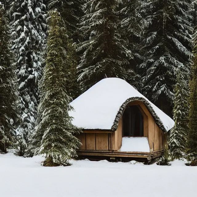 Prompt: a small hut white with a pointed wooden roof, a round window, behind 3 large fir trees, in the background the swiss alps, artem demura