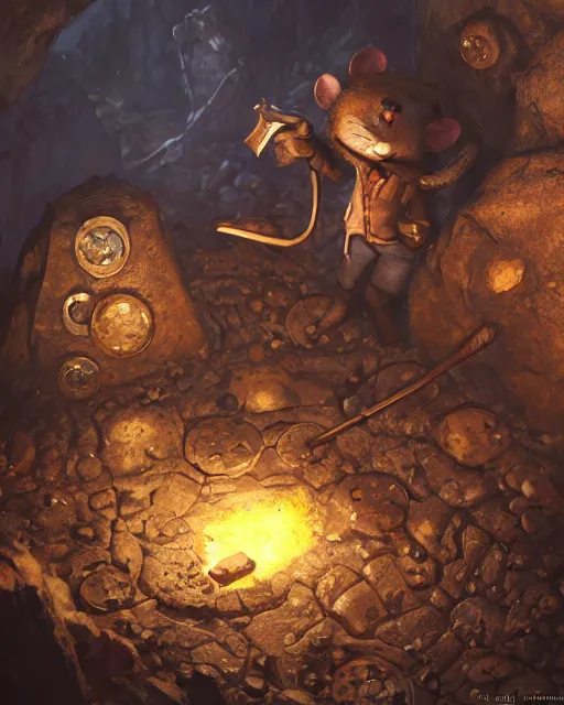 Image similar to oil painting of poor anthropomorphized mouse miner mining gold, pickaxe, close shot, full body, dark steampunk mine shaft background, sharp focus, fantasy style, octane render, volumetric lighting, 8k high definition, by greg rutkowski, highly detailed, trending on art Station, dungeons and dragons artwork, centered