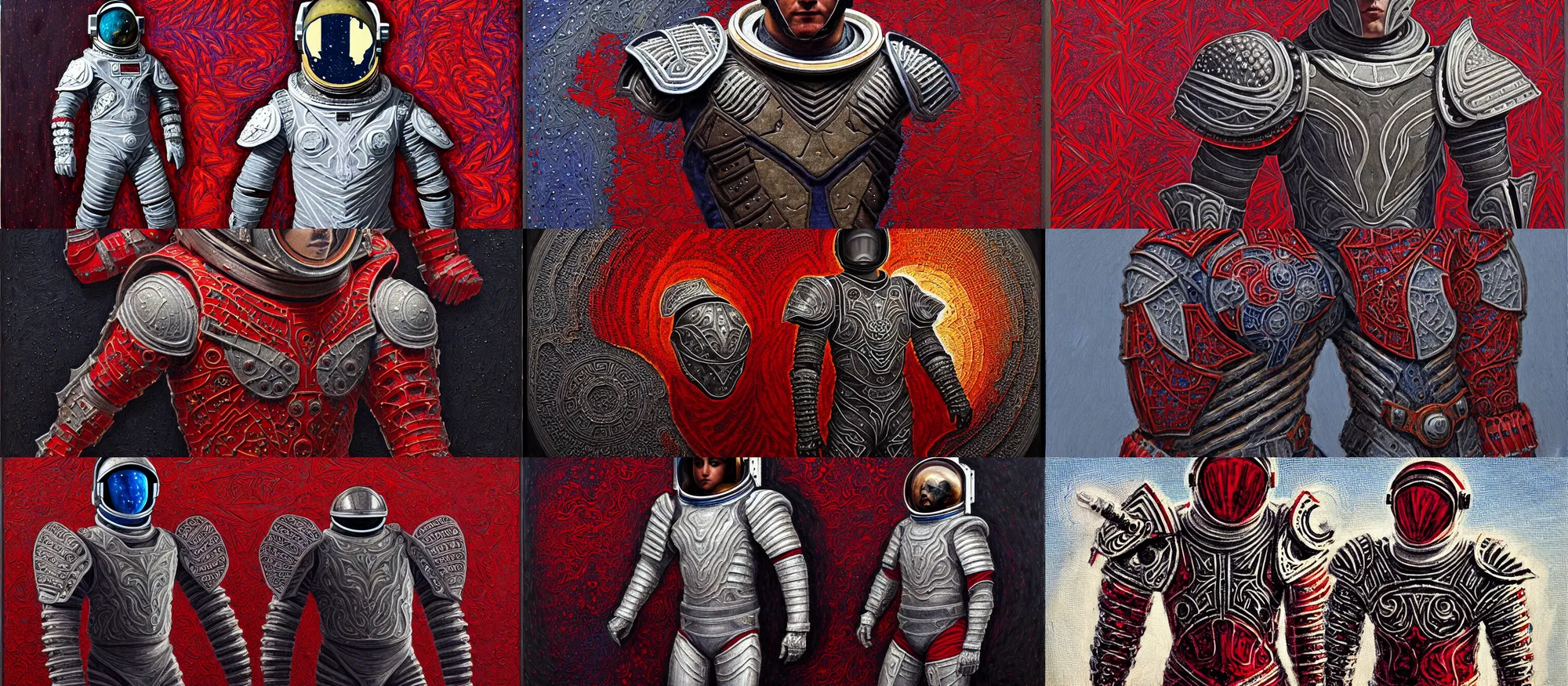 Prompt: astronaut - gladiator!! in fractal armor with girih bargello pattern, lorica segmentum, tonalist, symbolist, figurative art, concept art, chiaroscuro, grisaille, palette knife, heraldry, frenetic, stippling, shadows, luminous, sublime, edge lighting, payne's grey, venetian red