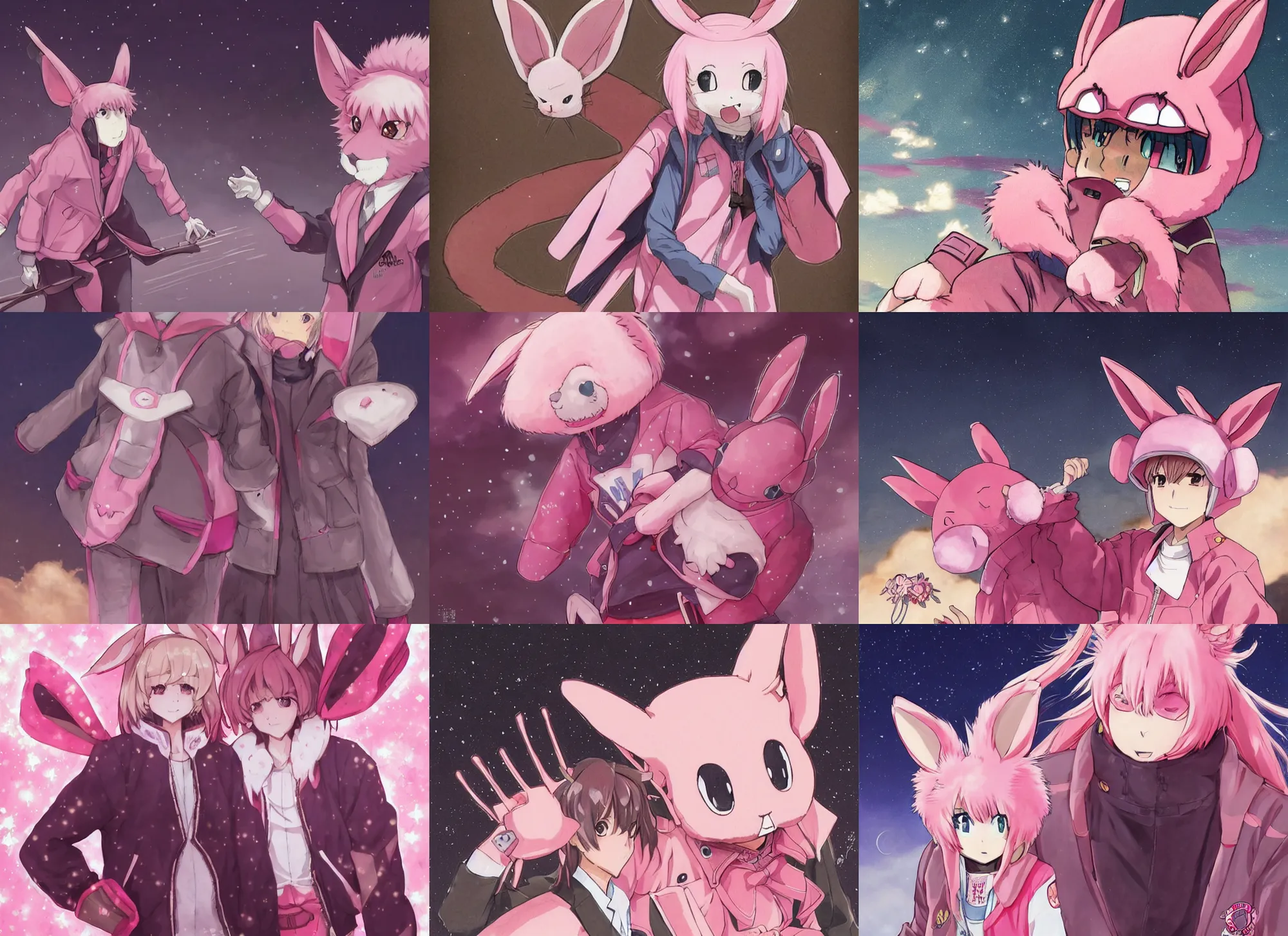 Prompt: official artwork of an anime pink rabbit wearing a letterman jacket, by Krenz Cushart, detailed art, many stars in the night sky, pink iconic character, 獣, yokai, wallpaper, bunny, large ears, けもの, male character, aesthetic, helmet, ghost, beast, motorbiker, rabbit, rabbit shaped helmet