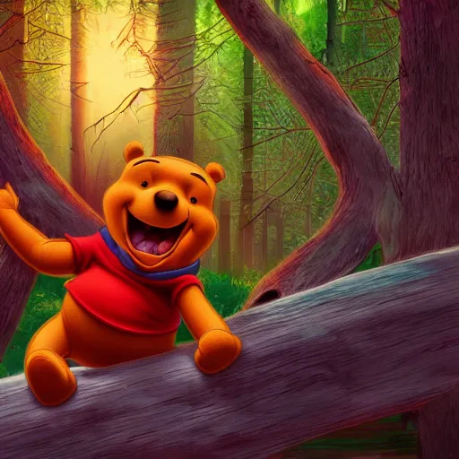 Image similar to Colored photo of winnie the pooh maniacally laughing with big sharpy teeths with bright red glowing eyes at night forest, ultra detailed, 4k