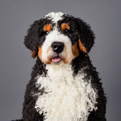 Prompt: bernedoodle made out of cotton studio lighting