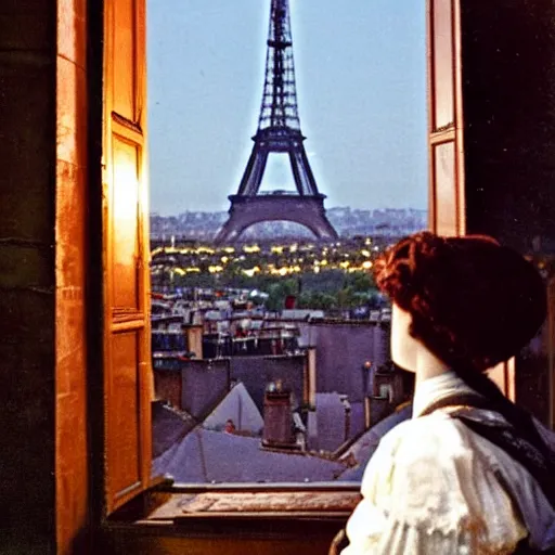 Image similar to a young edwardian woman sits in a window overlooking paris with the eiffel tower visible in the background, the moon is behind the eiffel tower