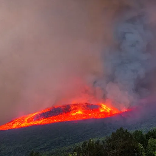 Prompt: mountain on fire surrounded by lava with trees and shrubs burning