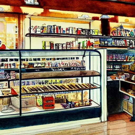 Image similar to bustling busy small shop shelves neat cannabis samples interior design, aussie, environment portrait watercolor drawing by steve hanks, australia tv still render by pixar