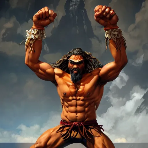 Image similar to jason momoa as dhalsim street fighter, ultra realistic, concept art, intricate details, highly detailed, photorealistic, octane render, 8 k, unreal engine, art by frank frazetta, simon bisley, brom