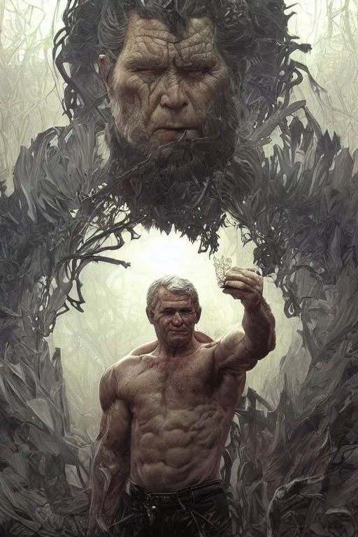 Prompt: portrait of george w bush as a hulking herculean demon, forest, godlike, full body, fantasy, intricate, elegant, highly detailed, digital painting, artstation, concept art, sharp focus, illustration, art by artgerm and greg rutkowski and alphonse mucha