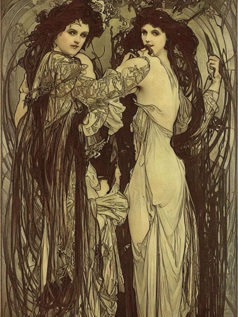 Image similar to realistic detailed portrait of a gothic bride in the mirror, god ray behind,, scary style, by alphonse mucha