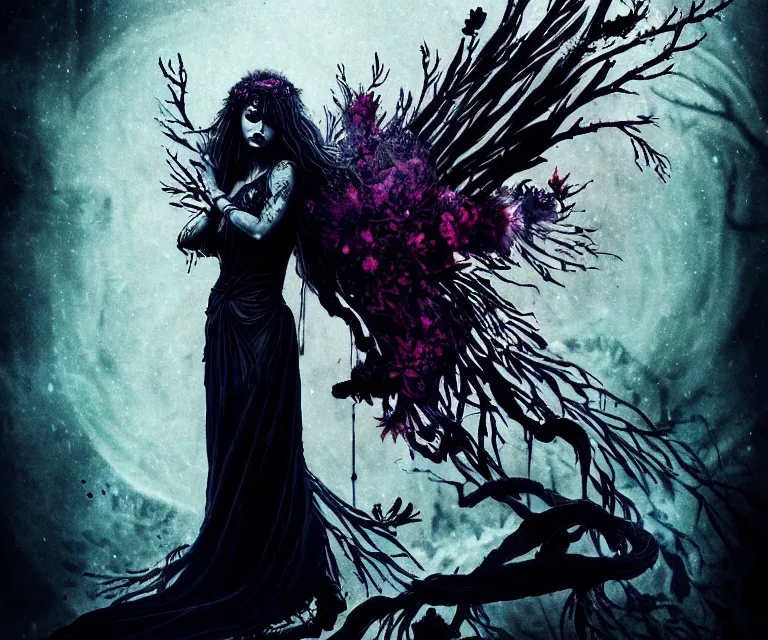 Image similar to a goddess of freewill middle of old temple, dark colors and mysterious,, gothic eerie, cinematic, epic, 8 k, ultra detail, ultra realistic | nights falling wind is blowwing snow is pilling concept art in style of carne griffiths artwork by xsullo. | backround of beautiful floweres floatingby elson, peter kemp, peter
