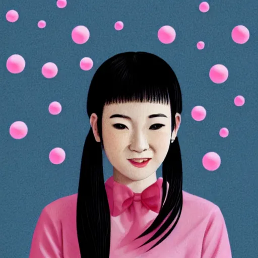 Image similar to portrait of asian girl with muji shirt, round face, black hair, ponytails, skinny, smile, attractive, small chin, wearing pink hair bow, earrings, with a japanese print background, intricate, elegant, glowing lights, highly detailed, digital painting, artstation, sharp focus, illustration, art by wlop, mars ravelo and greg rutkowski