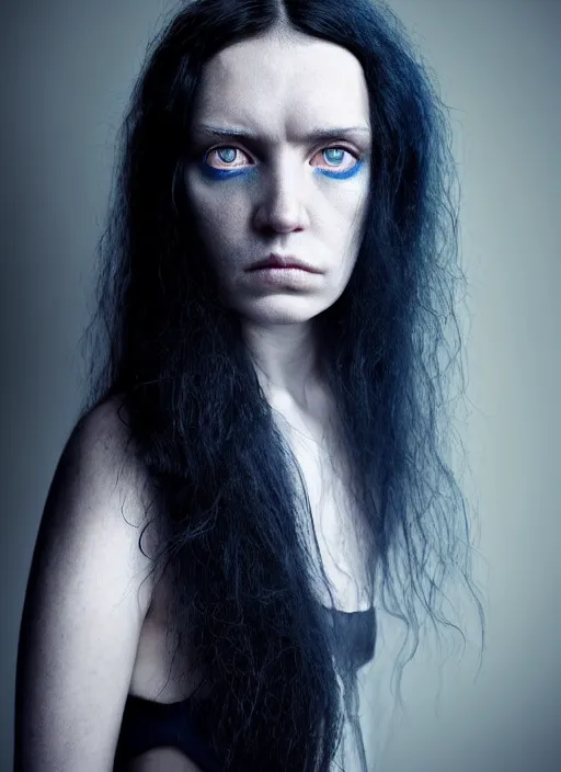 Image similar to portrait photograph of the most beautiful woman with a long dark blue hair, blue eyes, stern expression, david mccurry, lorenzo agius, alessio albi