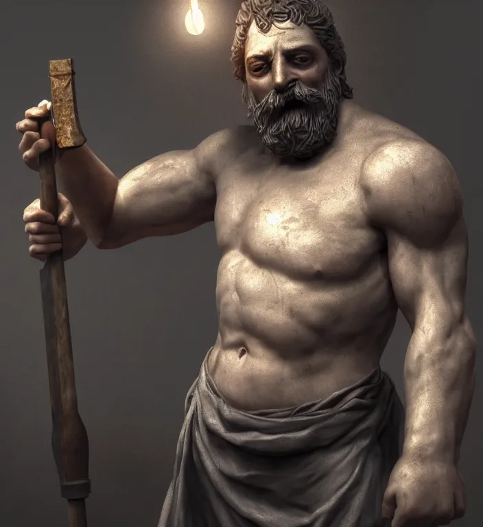 Image similar to masterpiece portrait of a greek god hephaestus, top lighting, holding forge hammer, creepy, disfigured, dslr, shallow depth of field, cryengine, lumion render, 8 k realistic hyper detailed, digital painting, artstation, concept art, ray tracing, realistic shaded
