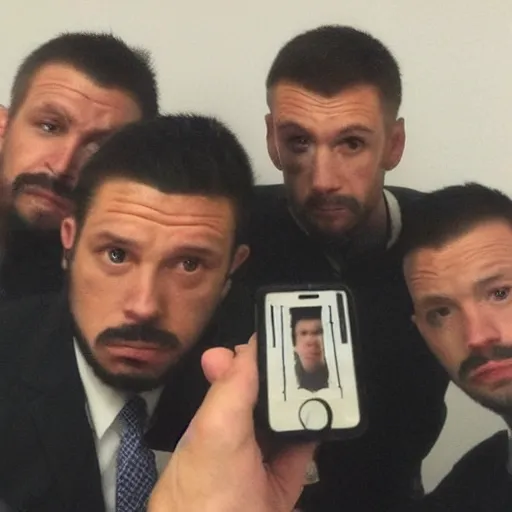 Image similar to selfie, 5 men, highly detailed face, gangster style photograph