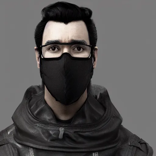 Prompt: a highly detailed, portrait of a man with black hair with a black medical mask, wearing a shark costume, artstation, DeviantArt, professional, octane render, digital art