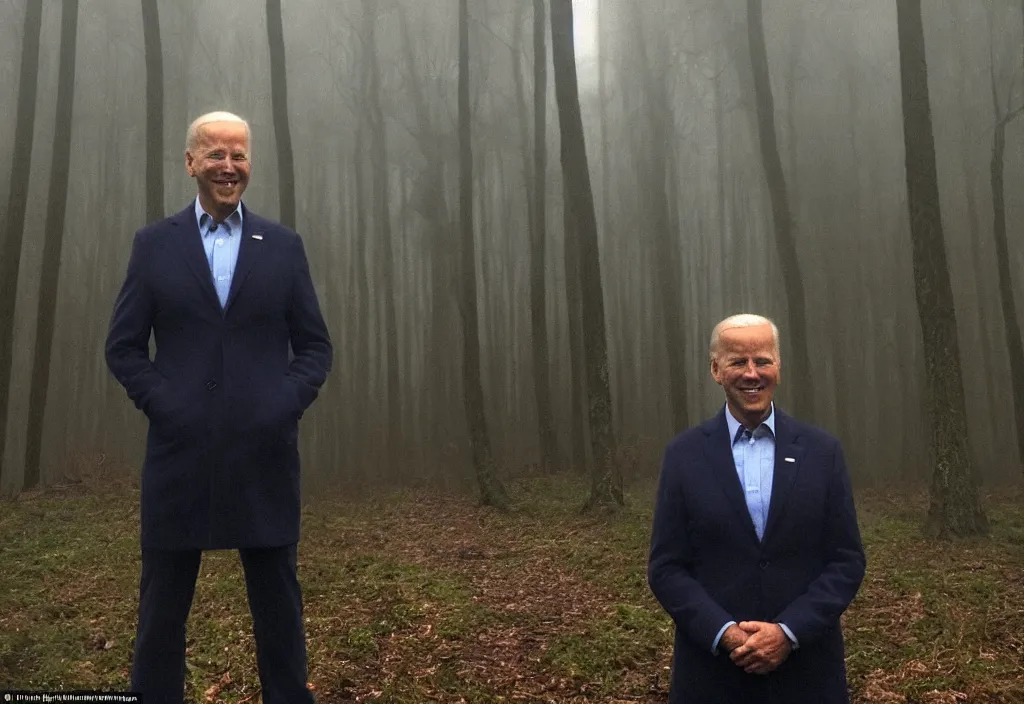 Prompt: low quality iphone photo of joe biden standing ominously in the foggy woods with a demonic smile in his face, creepy, far away