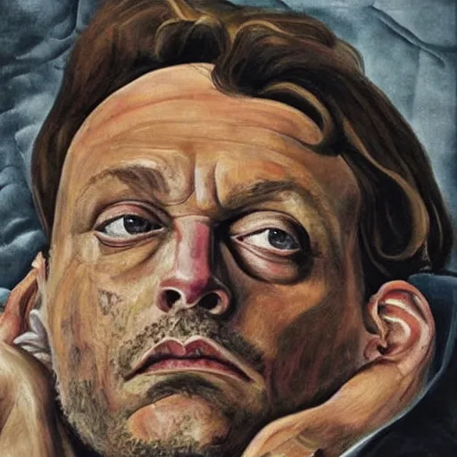 Image similar to lucian freud painting on depressed johnny depp