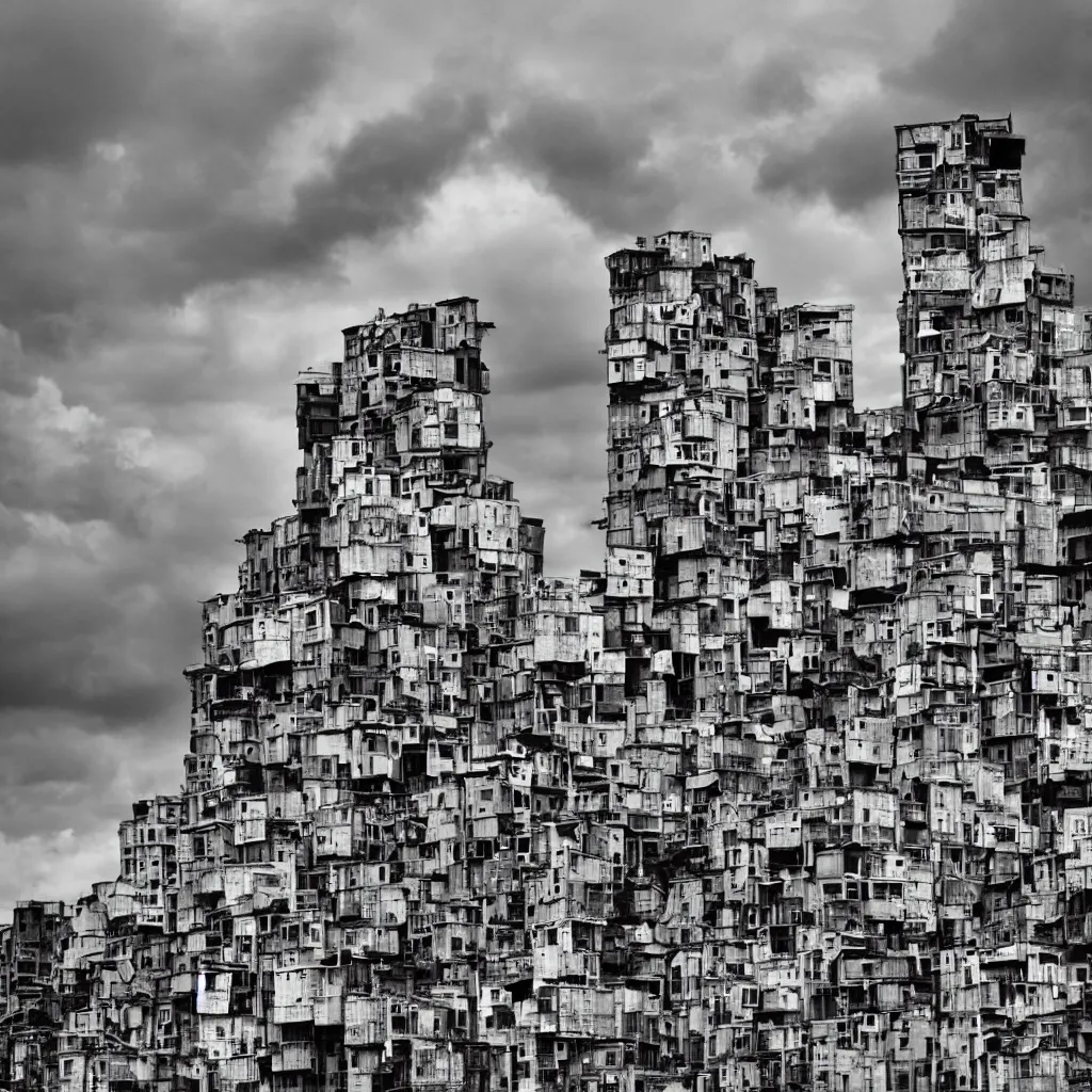 Prompt: close - up towers made up of colourful makeshift squatter shacks, bleached colours, dramatic cloudy sky, dystopia, mamiya, very detailed, ultra sharp, photographed by andy warhol