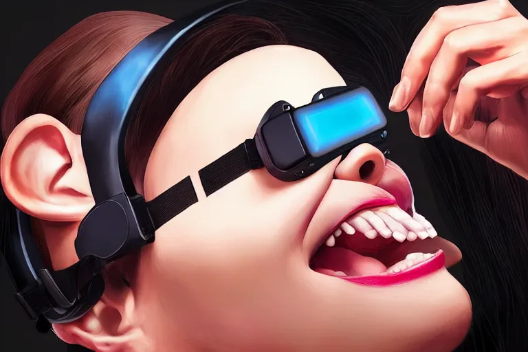 Image similar to a woman with a vr headset has a pill on her tongue and is hallucinating by artgerm, trending on artstation