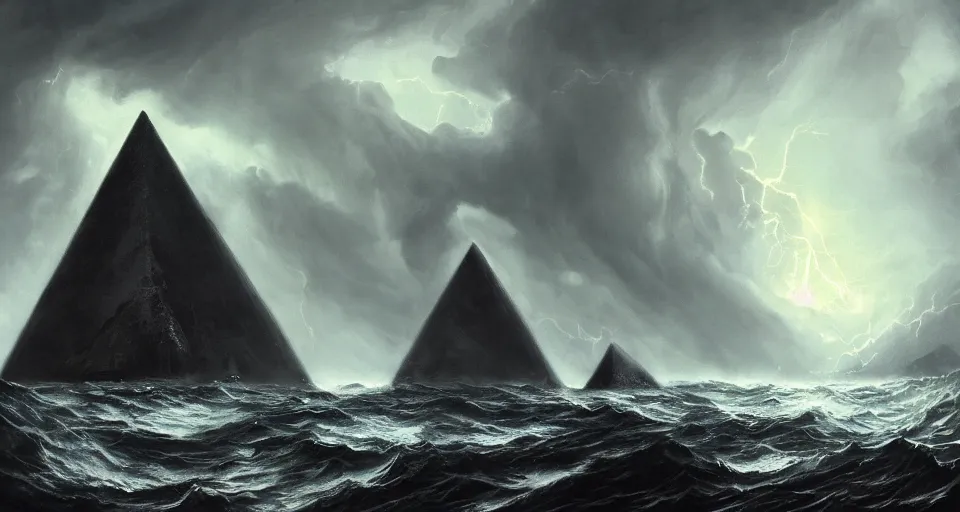 Image similar to black lovecraftian eldritch!! obsidian pyramid!! on a snowy island surrounded by raging stormy seas, with a large shadow of a creature in the background by eugene von guerard, ivan shishkin, night, red lightning!!, storm!, dramatic lighting, concept art, trending on artstation, 8 k