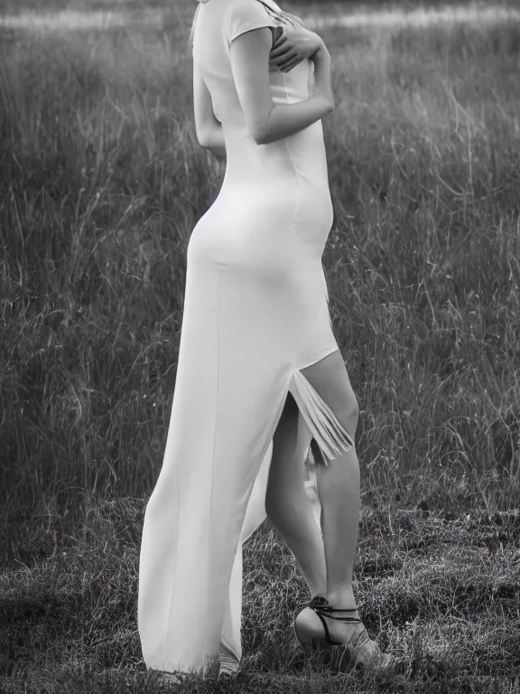 Image similar to studio photo of gorgeous seductive tall emily skinner cosplaying annie leonhart wearing tight white dress, beautiful face, pale skin, rule of thirds, cinematic lighting, sharp focus, backlit, stunning, smooth, hard focus, full body shot