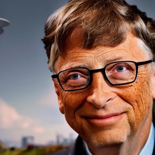 Prompt: bill gates, 1 0 years old, old gold - plated frame, cinematic, ufo in the background, red wall
