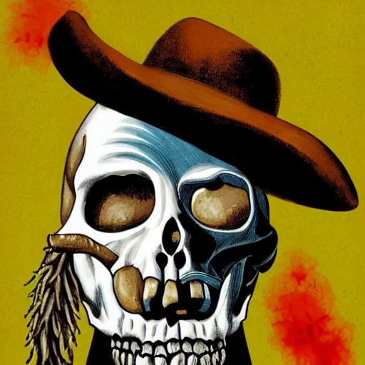 Prompt: skullfaced vaquero,, deathlike visage, pulp science fiction illustration