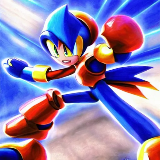 Image similar to Megaman X fighting Sonic the Hedgehog, Painted By Akihiko Yoshida